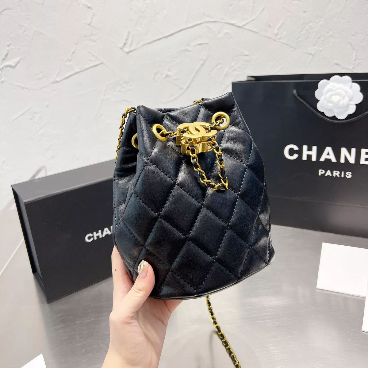 Diamond Drawstring Bucket Bag