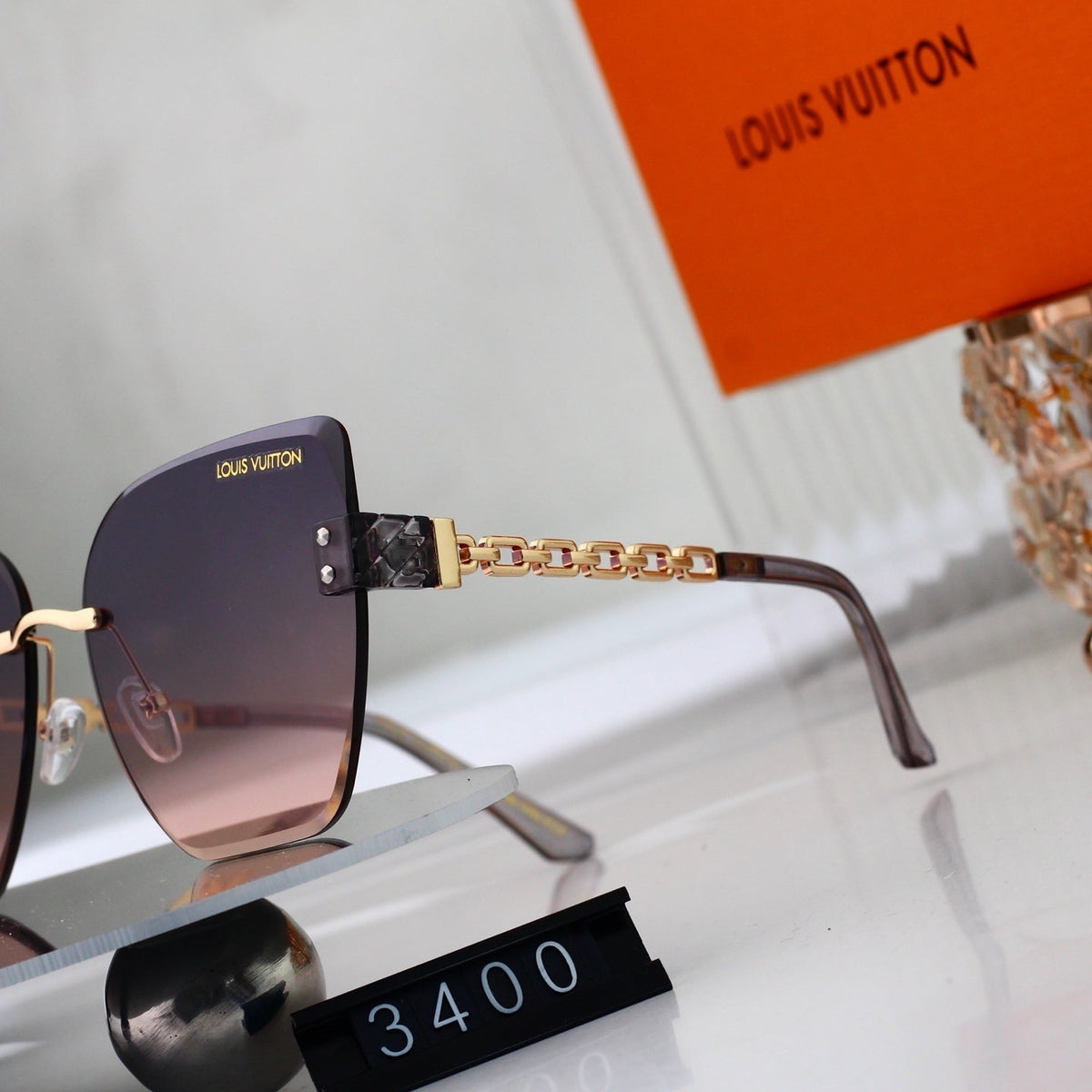 Chain Glow Rimless Sunglasses with Metal Chain Detail (Model 3400)